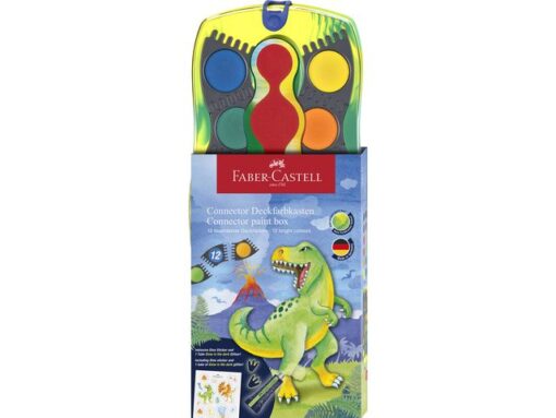 Connector verfdoos Dino-Editie is inclusief glow in the dark glitter tube en dino stickers. Door de glow in the dark glitter verf gloeit elke kleur in de verfdoos op in het donker. De verfnapjes kunnen individueel worden gecombineerd en helpen kinderen zo spelenderwijs kleuren te leren kennen. De briljante kleuren hebben een hoge dekking en kunnen perfect worden gemengd, waardoor ze ideaal geschikt zijn voor alle technieken en toepassingen op school en thuis. Deze set heeft 12 verschillende kleuren en wordt geleverd in een groen/gele doos. De deksel is afneembaar en kan als mengbakje gebruikt worden.