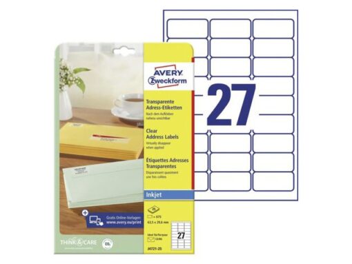 Inkjetetiket Avery 63,5x29,6mm transparant 25 vel 27        etiketten per vel