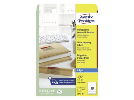 Inkjetetiket Avery 96x50,8mm transparant 25 vel 10          etiketten per vel