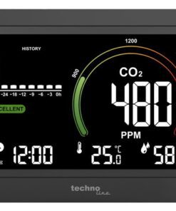 onafhankelijk van je persoonlijke waarneming en bewaakt de luchtkwaliteit binnenshuis. Voorzien van Zwitserse precisiegassensor met CO2-meetbereik tot 5000 ppm. Weergave van de luchtkwaliteit in 5 stappen. Ventilatieadvies op basis van de CO2-concentratie in de lucht (gekleurde weergave-elementen). Automatische en handmatige basislijnkalibratie voor CO2-concentratie