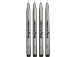 Set met 4 pigment fineliners in de lijndiktes 0.05mm, 0.1mm, 0.3mm, 0.5mm. Voorzien van gepigmenteerde, lichtechte en watervaste inkt in de schrijfkleur zwart. De lange in metaal gevatte punt van roestvrij staal zorgt voor nauwkeurig tekenen van fijne lijnen en ideaal voor gebruik met linialen en sjablonen. De pigment fineliner is geschikt voor schrijven, tekenen en schetsen.