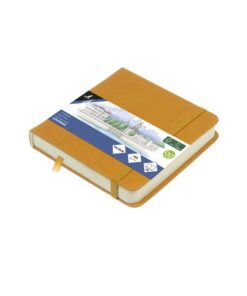 Schetsboek Kangaro 12x12cm okergeel PU hardcover 80 blad    140 grams roomwit papier met elastiek en lint