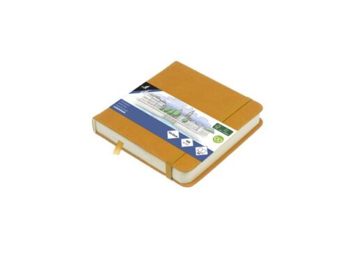 Schetsboek Kangaro 12x12cm okergeel PU hardcover 80 blad    140 grams roomwit papier met elastiek en lint