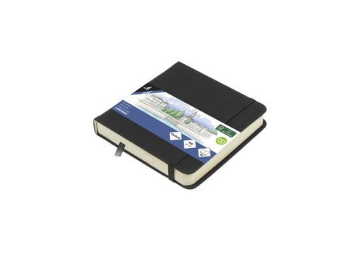 Schetsboek Kangaro 12x12cm zwart PU hardcover 80 blad 140   grams roomwit papier met elastiek en lint