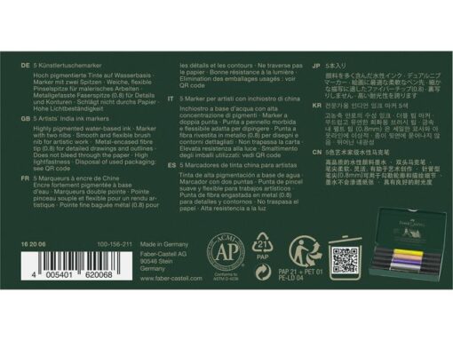 Inkttekeningen hebben een zeer lange artistieke traditie. Het is altijd een interessant medium geweest voor kunstenaars en grafici, het geeft tekeningen expressie en duurzaamheid en kan ook worden gecombineerd met vele andere tekentechnieken. Faber-Castell heeft alle voordelen van tekeninkt gecombineerd met de voordelen van een moderne, gemakkelijk te gebruiken multifunctionele marker - de Pitt Artist Pen duo marker. De gepigmenteerde en zeer lichtechte tekeninkt is ideaal voor schetsen, tekeningen, lay-outs, modeontwerp en illustratie. Doordat deze marker 2 punten heeft maakt het de mogelijkheden eindeloos. De brushpunt is fijn en flexibel en uitermate geschikt voor artistieke werken terwijl je de andere in metaal gevatte punt (0.8mm) juist kunt gebruiken voor meer gedetailleerde tekeningen en schetsen. De permanente inkt is waterproof en drukt niet door het papier. Inhoud Fasion set 5 stuks. Kleurnummers: 107, 132, 136, 272, 199.