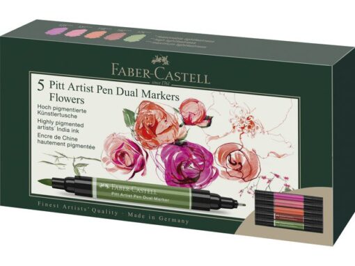Inkttekeningen hebben een zeer lange artistieke traditie. Het is altijd een interessant medium geweest voor kunstenaars en grafici, het geeft tekeningen expressie en duurzaamheid en kan ook worden gecombineerd met vele andere tekentechnieken. Faber-Castell heeft alle voordelen van tekeninkt gecombineerd met de voordelen van een moderne, gemakkelijk te gebruiken multifunctionele marker - de Pitt Artist Pen duo marker. De gepigmenteerde en zeer lichtechte tekeninkt is ideaal voor schetsen, tekeningen, lay-outs, modeontwerp en illustratie. Doordat deze marker 2 punten heeft maakt het de mogelijkheden eindeloos. De brushpunt is fijn en flexibel en uitermate geschikt voor artistieke werken terwijl je de andere in metaal gevatte punt (0.8mm) juist kunt gebruiken voor meer gedetailleerde tekeningen en schetsen. De permanente inkt is waterproof en drukt niet door het papier. Inhoud Flower set 5 stuks. Kleurnummers: 125, 131, 118, 192, 174.