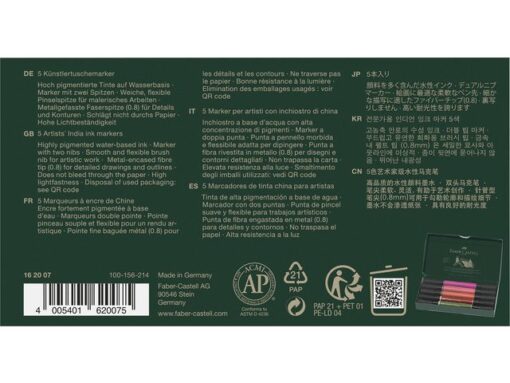 Inkttekeningen hebben een zeer lange artistieke traditie. Het is altijd een interessant medium geweest voor kunstenaars en grafici, het geeft tekeningen expressie en duurzaamheid en kan ook worden gecombineerd met vele andere tekentechnieken. Faber-Castell heeft alle voordelen van tekeninkt gecombineerd met de voordelen van een moderne, gemakkelijk te gebruiken multifunctionele marker - de Pitt Artist Pen duo marker. De gepigmenteerde en zeer lichtechte tekeninkt is ideaal voor schetsen, tekeningen, lay-outs, modeontwerp en illustratie. Doordat deze marker 2 punten heeft maakt het de mogelijkheden eindeloos. De brushpunt is fijn en flexibel en uitermate geschikt voor artistieke werken terwijl je de andere in metaal gevatte punt (0.8mm) juist kunt gebruiken voor meer gedetailleerde tekeningen en schetsen. De permanente inkt is waterproof en drukt niet door het papier. Inhoud Flower set 5 stuks. Kleurnummers: 125, 131, 118, 192, 174.