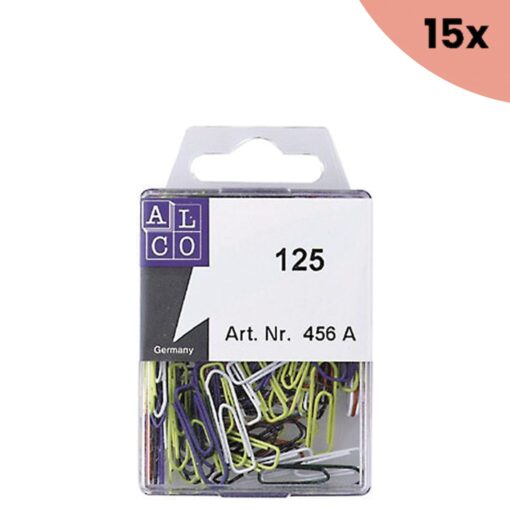 15x Paperclips Alco 26mm hoekig assorti kleuren 125 stuks in doos
