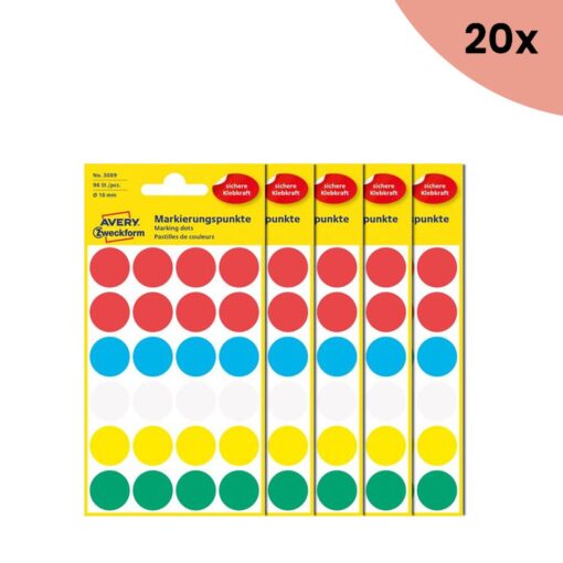 20x Avery etiket Zweckform 18mm rond blister a 96 etiketjes assorti