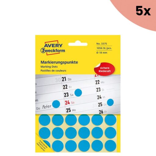 5x Avery etiket Zweckform 18mm rond blister 22 vel a 48 etiketjes blauw
