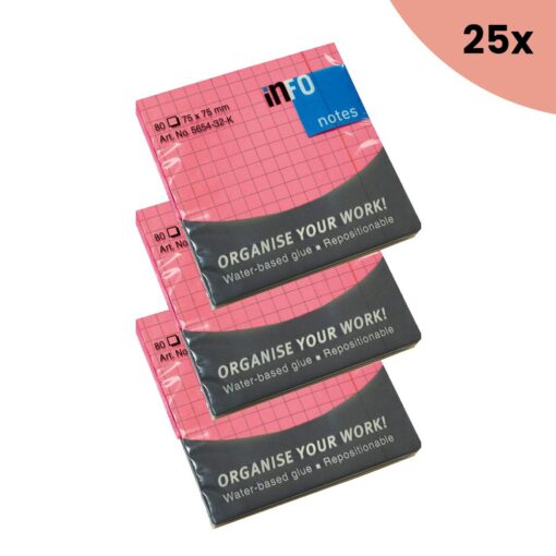 25x Info Notes 75x75mm fel roze blok a 80 vel ruitjes