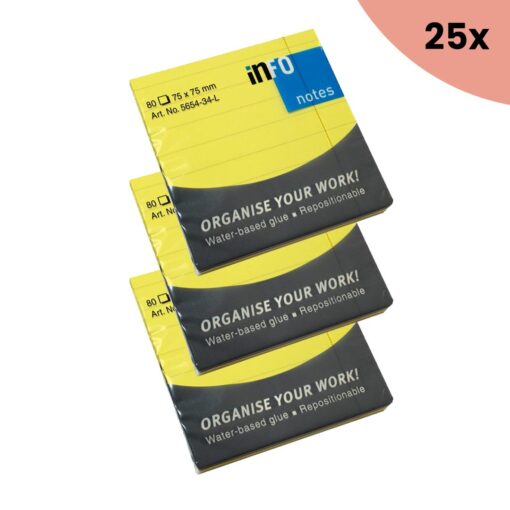 25x Info Notes 75x75mm fel geel blok a 80 vel gelinieerd