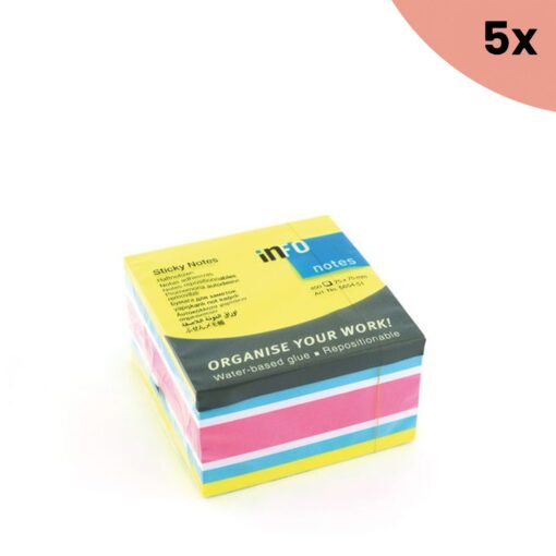 5x Info Notes 75x75mm assorti felle kleuren blok a 450 vel