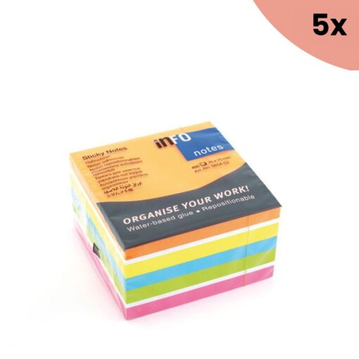 5x Info Notes 75x75mm assorti felle kleuren blok a 450 vel