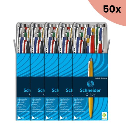 50x Balpen Schneider Office assorti kleuren, blauw schrijvend