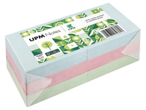 UPM notes 75x75 pastel assorti pak 12x 100 vel blauw,       groen, roze