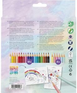Set met 18 Grip kleurpotloden in standaardkleuren en 6 Sparkle pastel kleurpotloden. De ergonomische driehoekige vorm met gepatenteerde Soft-Grip-zone bevordert de driepuntsgreep. Stift bevat zeer heldere pigmenten en is wateroplosbaar. Geschikt voor rechts- en linkshandige kinderen. De kern is breukvast vanwege speciale verlijming (SV). Met naamlabel. Kan uit de meeste stoffen worden gewassen. Eenvoudig te slijpen met een kwaliteitspuntenslijper. Inclusief eenhoorn stickervel.