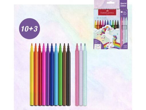 Viltstiften Faber-Castell Unicorn 10x standaard kleuren +   3x pastel kleuren incl. unicorn stickers in  karton etui