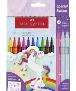 Viltstiften Faber-Castell Unicorn 10x standaard kleuren +   3x pastel kleuren incl. unicorn stickers in  karton etui