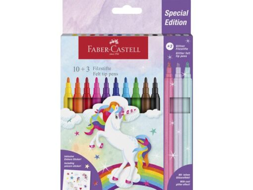 Viltstiften Faber-Castell Unicorn 10x standaard kleuren +   3x pastel kleuren incl. unicorn stickers in  karton etui
