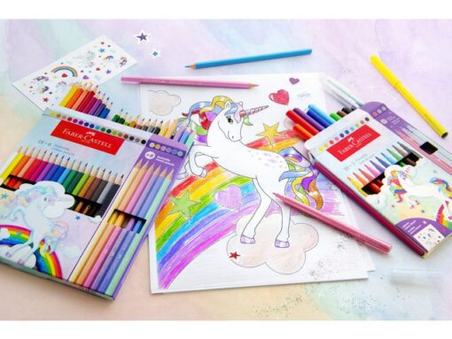 Viltstiften Faber-Castell Unicorn 10x standaard kleuren +   3x pastel kleuren incl. unicorn stickers in  karton etui