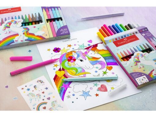 Viltstiften Faber-Castell Unicorn 10x standaard kleuren +   3x pastel kleuren incl. unicorn stickers in  karton etui