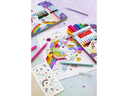 Viltstiften Faber-Castell Unicorn 10x standaard kleuren +   3x pastel kleuren incl. unicorn stickers in  karton etui