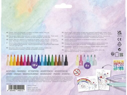 Viltstiften Faber-Castell Unicorn 18x standaard kleuren +   6x pastel kleuren incl. unicorn stickers in  karton etui
