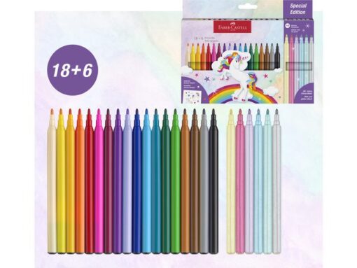 Viltstiften Faber-Castell Unicorn 18x standaard kleuren +   6x pastel kleuren incl. unicorn stickers in  karton etui