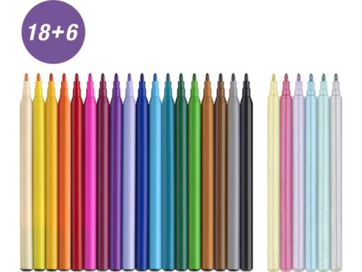 Viltstiften Faber-Castell Unicorn 18x standaard kleuren +   6x pastel kleuren incl. unicorn stickers in  karton etui