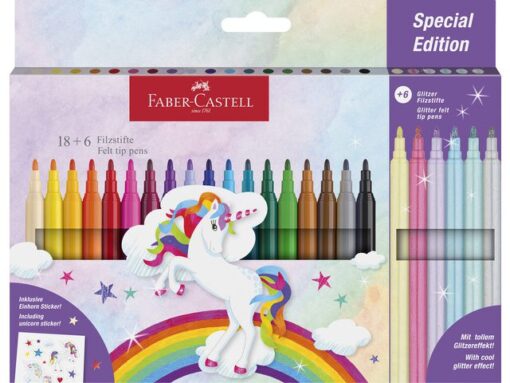 Viltstiften Faber-Castell Unicorn 18x standaard kleuren +   6x pastel kleuren incl. unicorn stickers in  karton etui