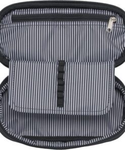 heeft een apart vak voor de meest gebruikte pennen en potloden en een intern ritsvak. Rits in kleur van etui. Formaat 22×10×5 cm