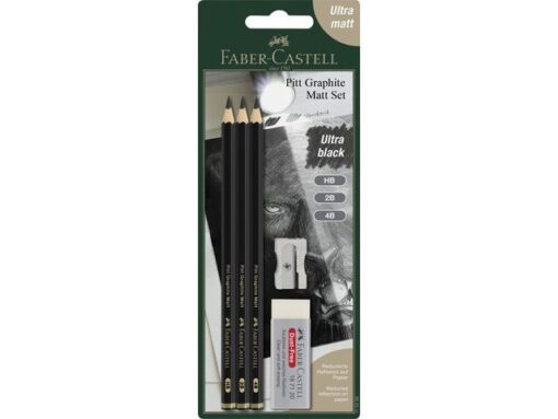 Grafietpotlood Faber-Castell Pitt Mat set 3 potl. HB,2B,4B, 1 gum, 1 enkele slijper op blister