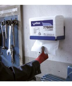 Muurbeugel Celtex geschikt voor Omnia Labor handdoek verpakkingen (CE-C77800/CE-C77870N). Materiaal blauw metaal. Afmetingen (bxhxd) 267 x 113 x 160mm.
