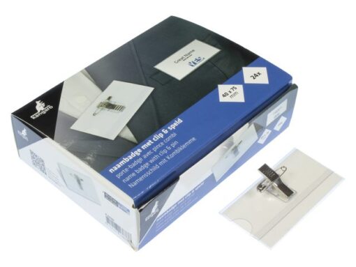Naambadge Kangaro 40x75mm doos a 24 stuks met clip, speld   en insteekkaartjes wit