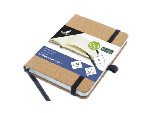 Notitieboek Kangaro A6 kurk lijn HC 96 vel 80 grams roomwit met elastiek, lint en penlus