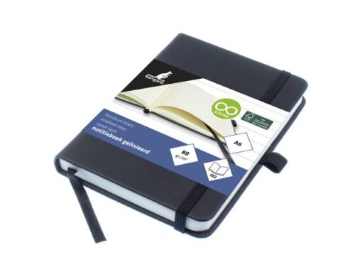 Notitieboek Kangaro A6 zwart lijn PU HC 96 vel 80 grams     roomwit met elastiek, lint en penlus