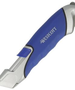 Westcott snijmes is ergonomisch gevormd met aluminium behuizing en softgrip handgreep. Met geïntegreerde foliesnijder en volautomatische trapeziumvormige mesintrekking en schuifknop voor vergrendelen/ontgrendelen/meswissel. Snijmes is geschikt voor rechts- en linkshandig gebruik. Let op: extreem scherpe messen - voorzichtig hanteren. Houd het mes volledig bedekt als je het niet direct gebruikt. Totale lengte mes 19 cm. Kleur aluminium behuizing blauw/zilver.