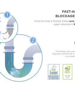 dat zorgt dat toiletpapier in slechts 9 seconden oplost in water. Afmetingen per pak: 250 vellen van 11 x 18 cm. Het is een ecologisch en milieuvriendelijk product met het Europese Ecolabel en PEFC-certificaat. Inhoud doos 36 pakken.