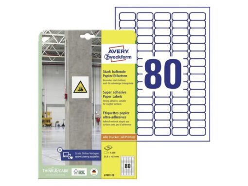 Etiket Avery zelfklevend 35,6x16,9mm wit permanent 20 vel   80 etiketten per vel