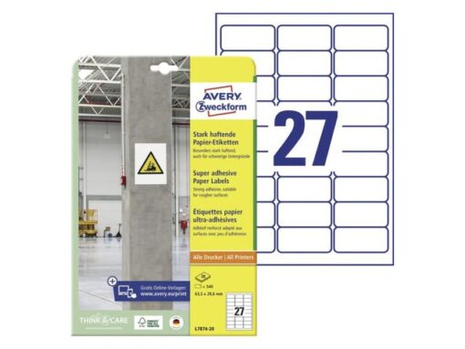 Etiket Avery zelfklevend 63,5x29,6mm wit permanent 20 vel   27 etiketten per vel