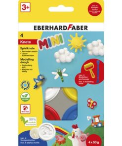 Kinderklei Eberhard Faber basic set 4 bekers á 50gr. Wit,   geel,rood, en blauw met roller en spatel