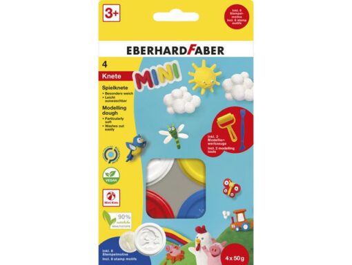 Kinderklei Eberhard Faber basic set 4 bekers á 50gr. Wit,   geel,rood, en blauw met roller en spatel