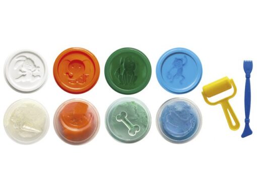 Kinderklei Eberhard Faber basic set 4bekers bekers á 50gr.  Wit, oranje, groen en l.blauw met roller en spatel