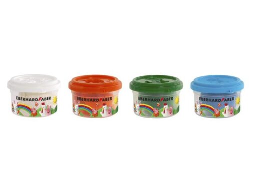 Kinderklei Eberhard Faber basic set 4bekers bekers á 50gr.  Wit, oranje, groen en l.blauw met roller en spatel