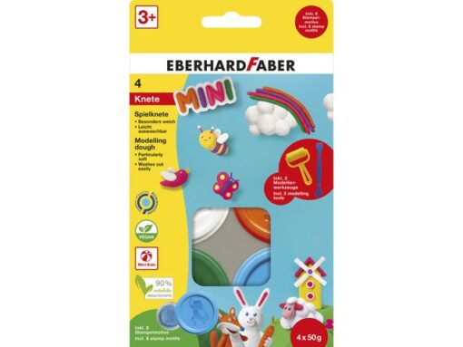 Kinderklei Eberhard Faber basic set 4bekers bekers á 50gr.  Wit, oranje, groen en l.blauw met roller en spatel