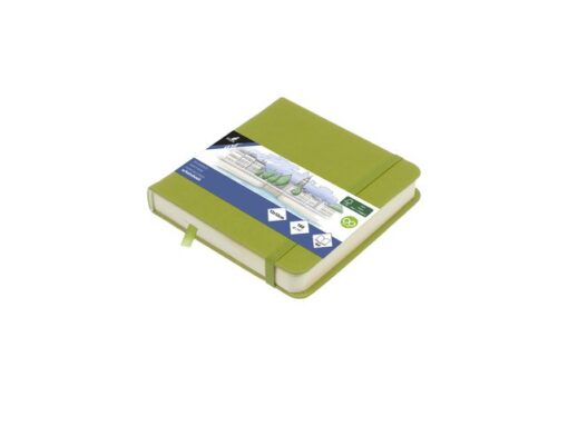 Schetsboek Kangaro 12x12cm lime green PU HC 80 vel 140gr    roomwit met elastiek en lint