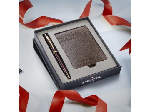 Balpen giftset Sheaffer 100 9370 glossy brown gold tone met creditcardhouder rustic mocha