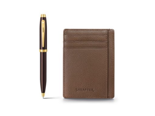 Balpen giftset Sheaffer 100 9370 glossy brown gold tone met creditcardhouder rustic mocha