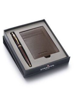 Balpen giftset Sheaffer 100 9370 glossy brown gold tone met creditcardhouder rustic mocha